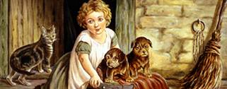 gemaltes Bild "Mädchen mit Hundewelpen und Katze in der Stalltür"
